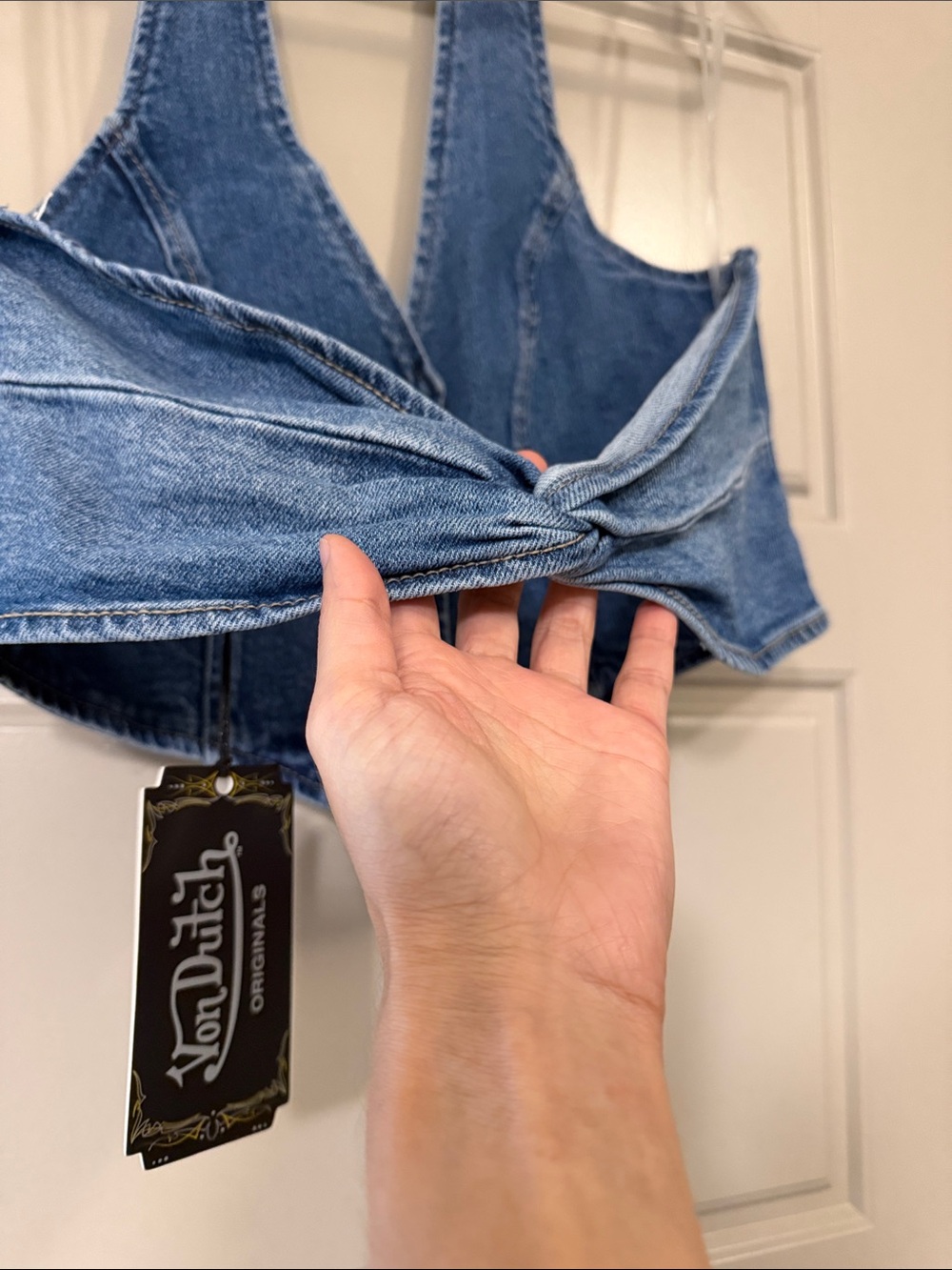 Von Dutch Blue Denim Halter Crop Top with Multicolor Flame Embroidery - Picture 4 of 5